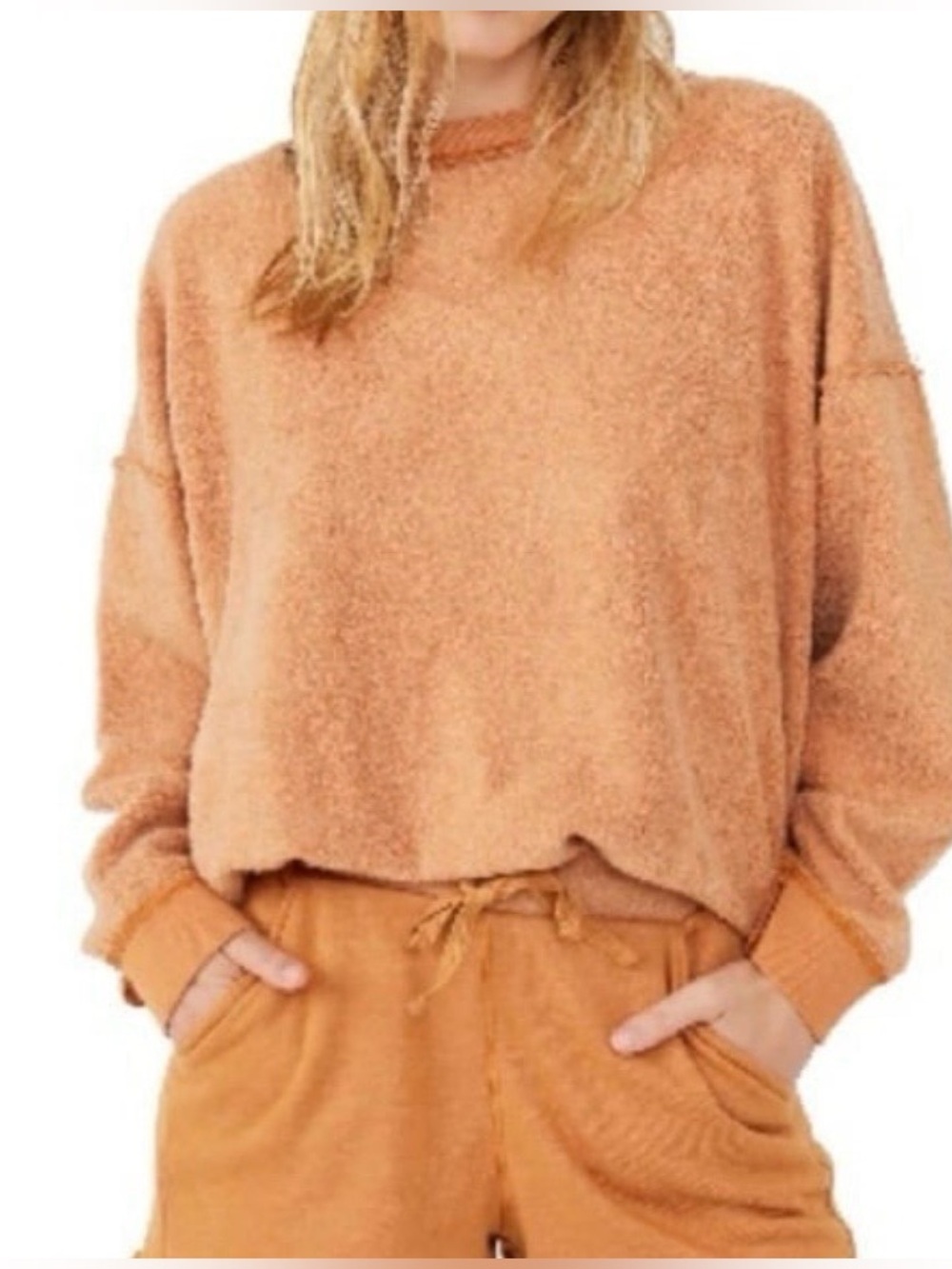 Free People Women’s XS Kelly Lounge Oversized‎ Fleece Cropped Sweatshirt Cognac